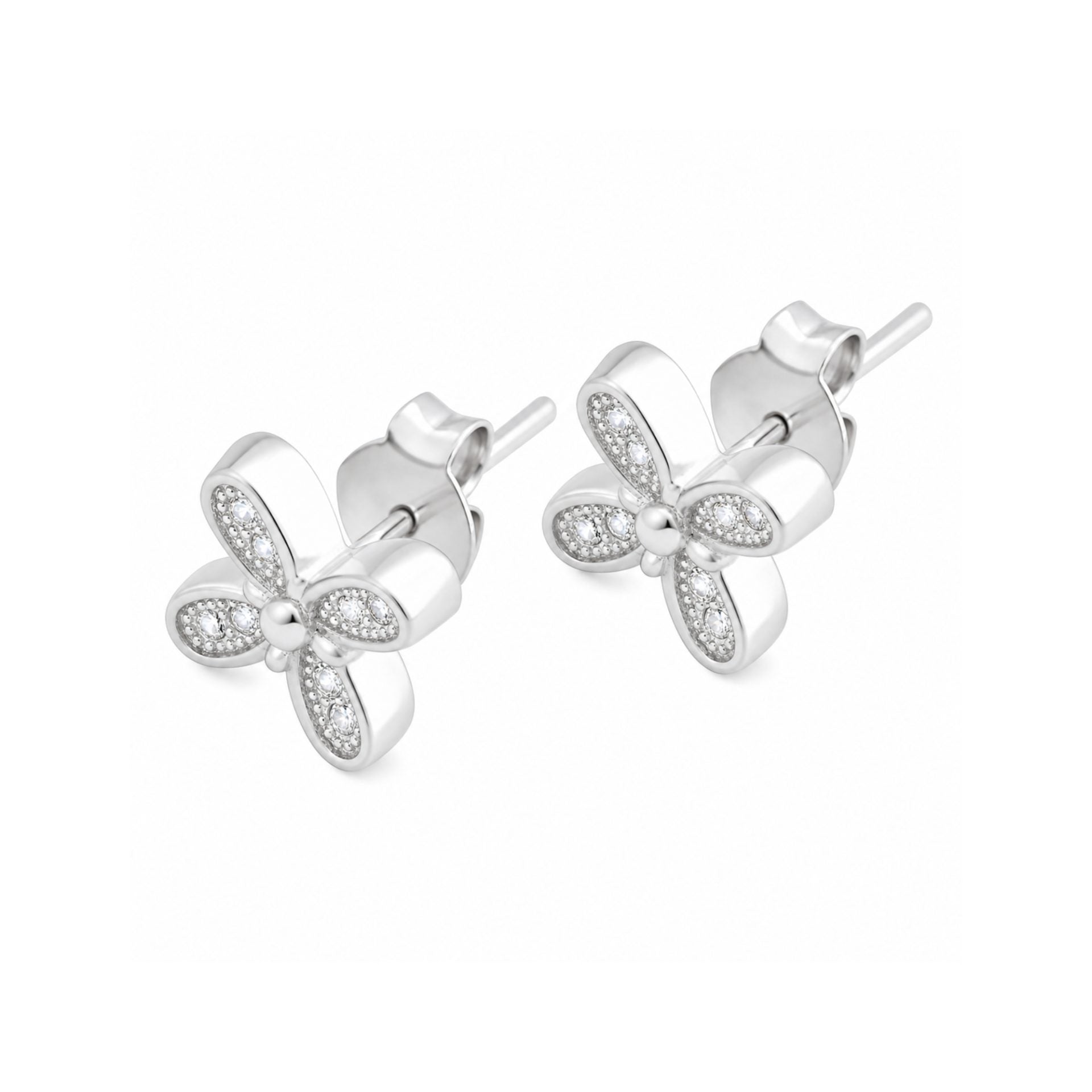 Cercei Tip Stud din Argint 925, Model Fluture cu Aripi Decorate cu Pietre Stralucitoare, Sistem de Prindere cu Tija si Fluturas, Argintiu