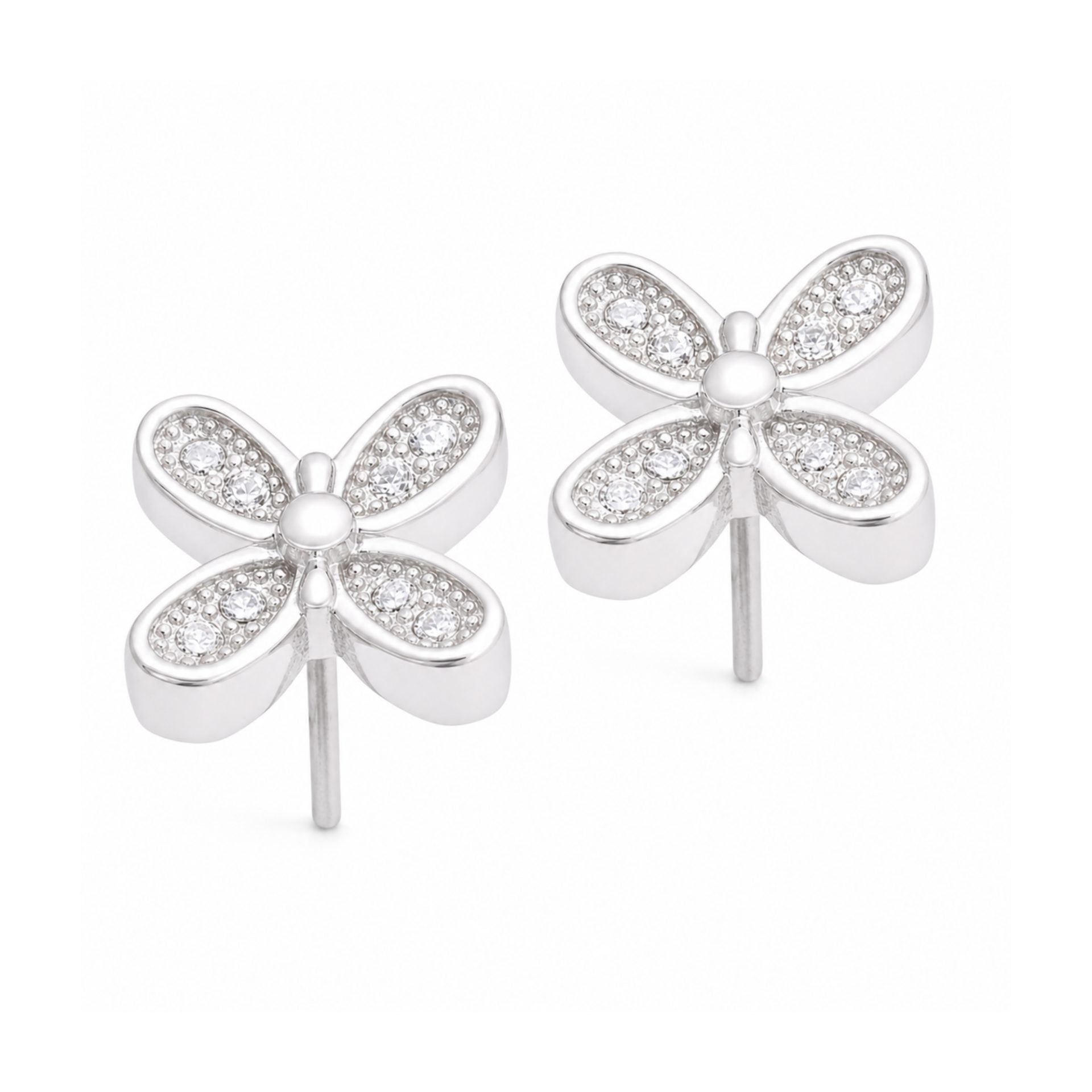Cercei Tip Stud din Argint 925, Model Fluture cu Aripi Decorate cu Pietre Stralucitoare, Sistem de Prindere cu Tija si Fluturas, Argintiu