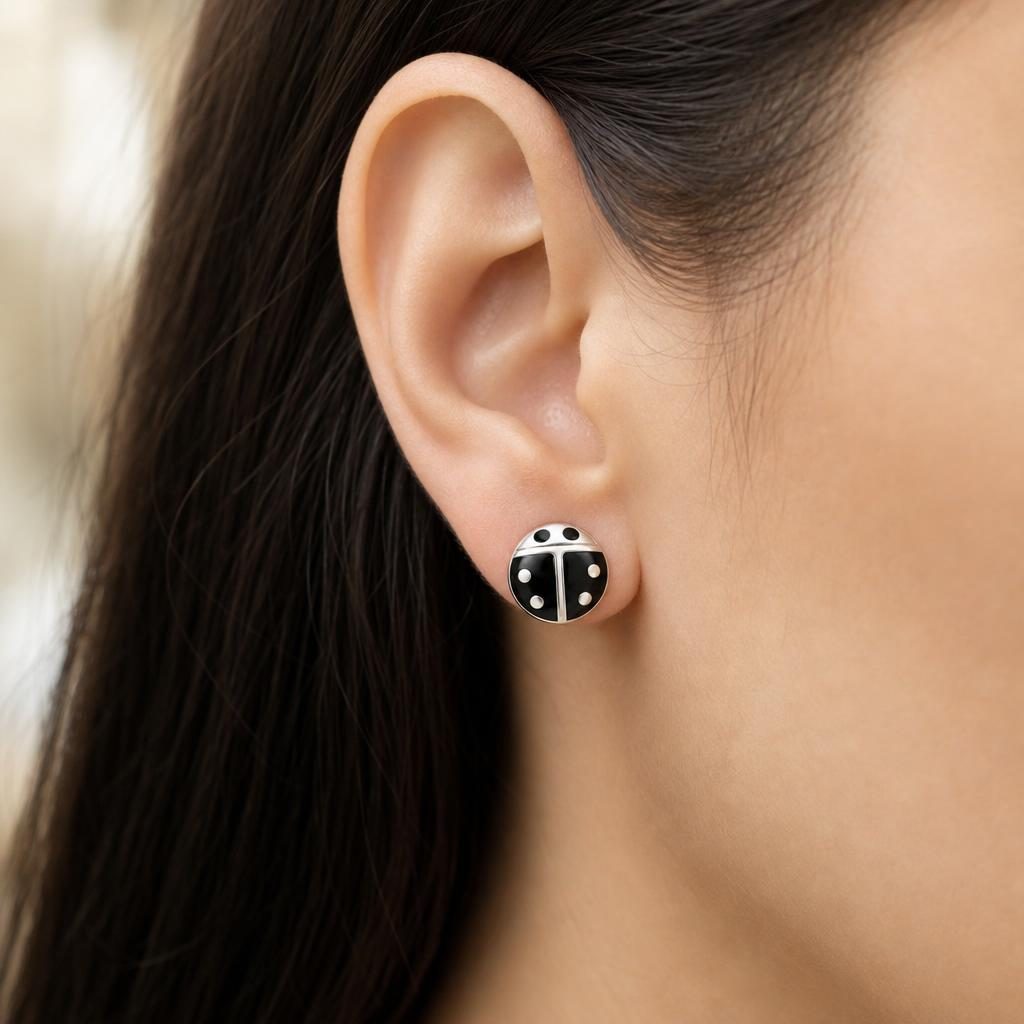 Cercei Din Argint 925, Model Buburuză, Placaj Cu Rodiu, 0.38g