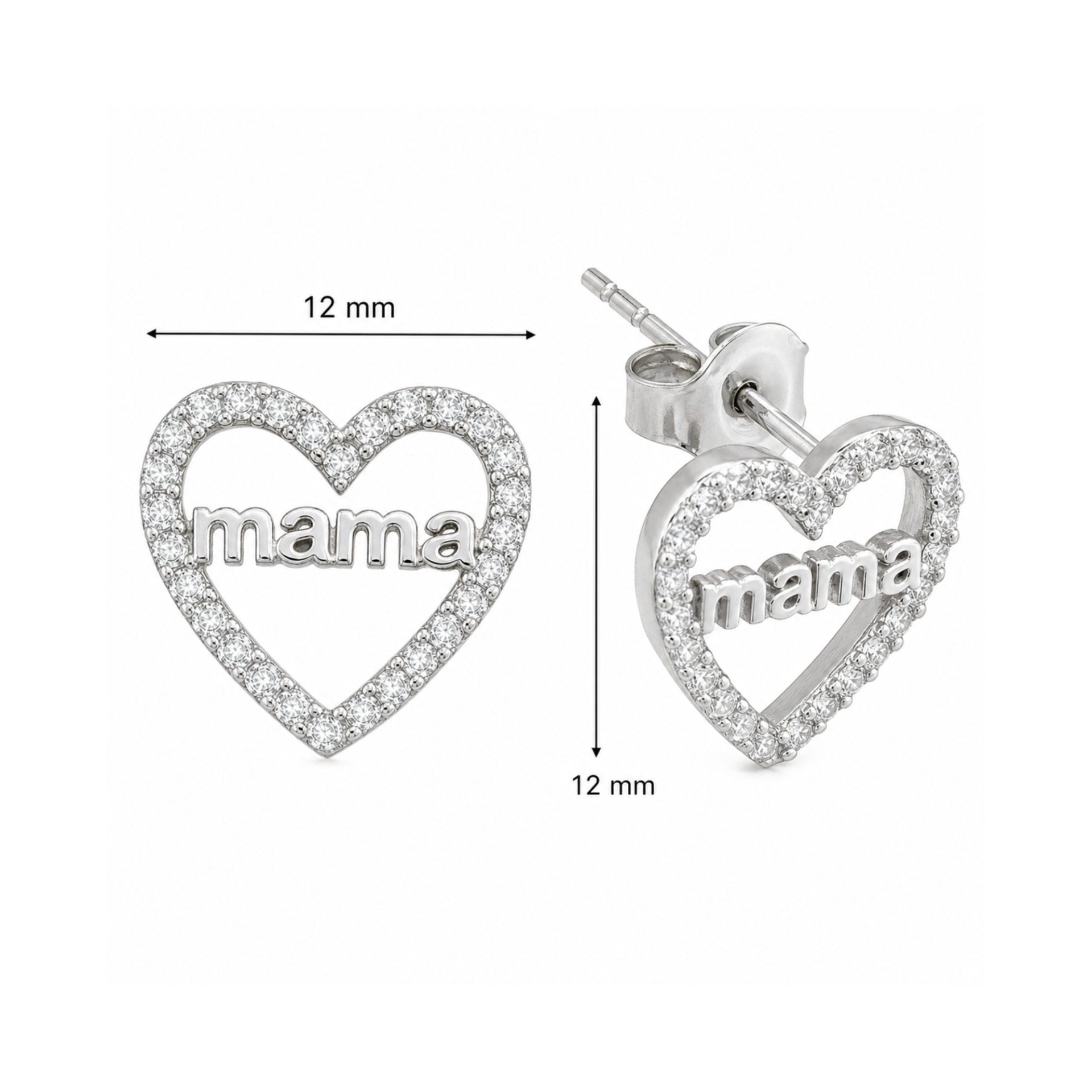 Cercei din Argint 925, Model Inimi cu Text Mama, Bijuterie Decorativa cu Design Simbolic, 12x12 mm, Greutate 1.7 g, Argintiu