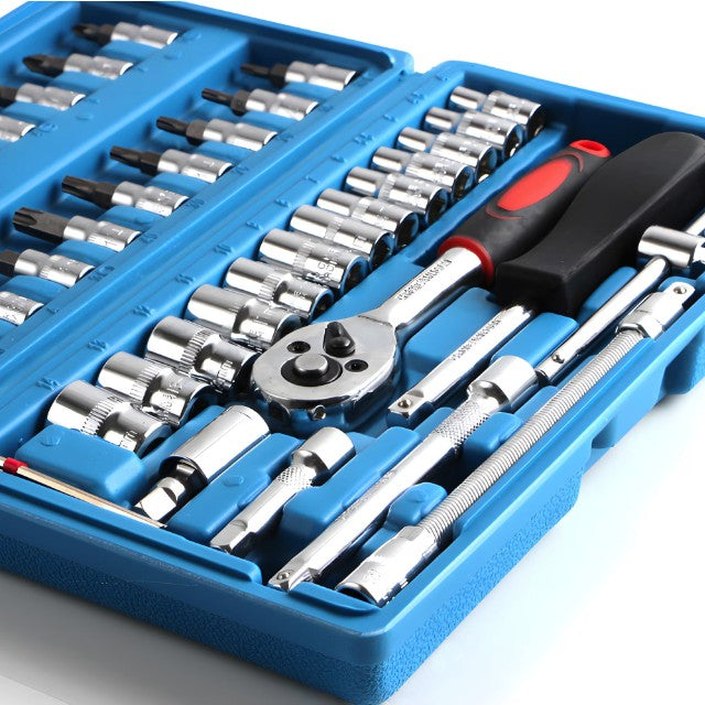Chei tubulare Set 46 de Piese, Trusa Scule de Reparatii Auto, Prelungitoare Rigid si Flexibil, Articulatie Cardanica, Antrenor de Forta Glisant, Adaptoare, Maner pentru Surubelnita, 23 x 12 x 4 cm, 1.9 kg, Cutie Albastra