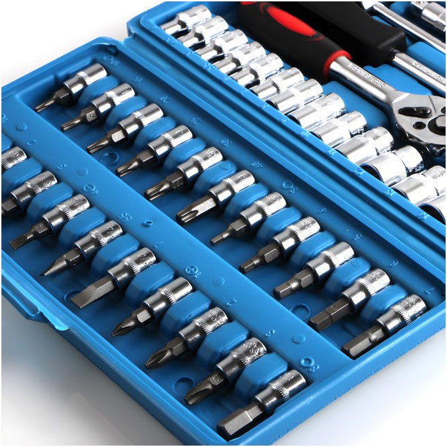 Chei tubulare Set 46 de Piese, Trusa Scule de Reparatii Auto, Prelungitoare Rigid si Flexibil, Articulatie Cardanica, Antrenor de Forta Glisant, Adaptoare, Maner pentru Surubelnita, 23 x 12 x 4 cm, 1.9 kg, Cutie Albastra