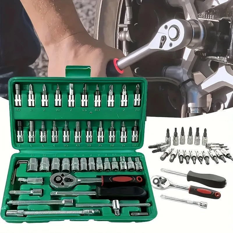 Chei tubulare Set 46 de Piese, Flippy, Trusa Scule de Reparatii Auto, Prelungitoare Rigid si Flexibil, Articulatie Cardanica, Antrenor de Forta Glisant, Adaptoare, Maner pentru Surubelnita, 23 x 12 x 4 cm, 1.9 kg, Cutie Verde