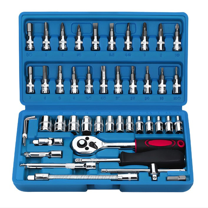 Chei tubulare Set 46 de Piese, Trusa Scule de Reparatii Auto, Prelungitoare Rigid si Flexibil, Articulatie Cardanica, Antrenor de Forta Glisant, Adaptoare, Maner pentru Surubelnita, 23 x 12 x 4 cm, 1.9 kg, Cutie Albastra