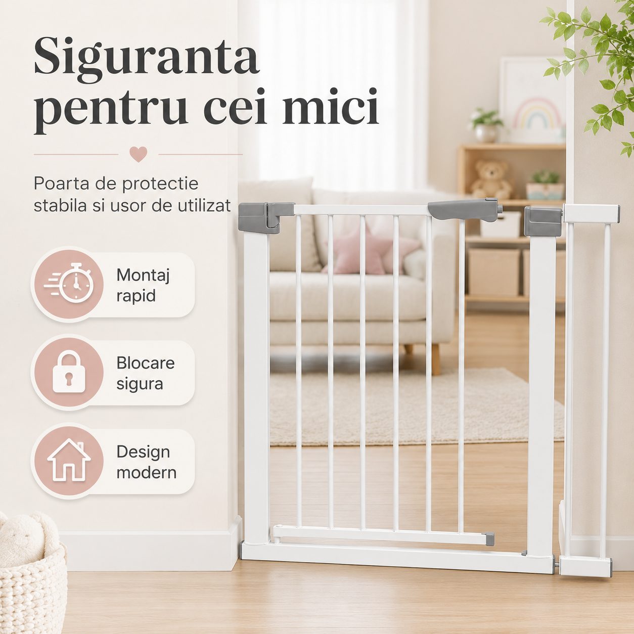 Gard de Siguranta cu Poarta pentru Copii, Latime 66 cm, Inaltime 76 cm, Teava din Fier Vopsit, Elemente PP, Alb