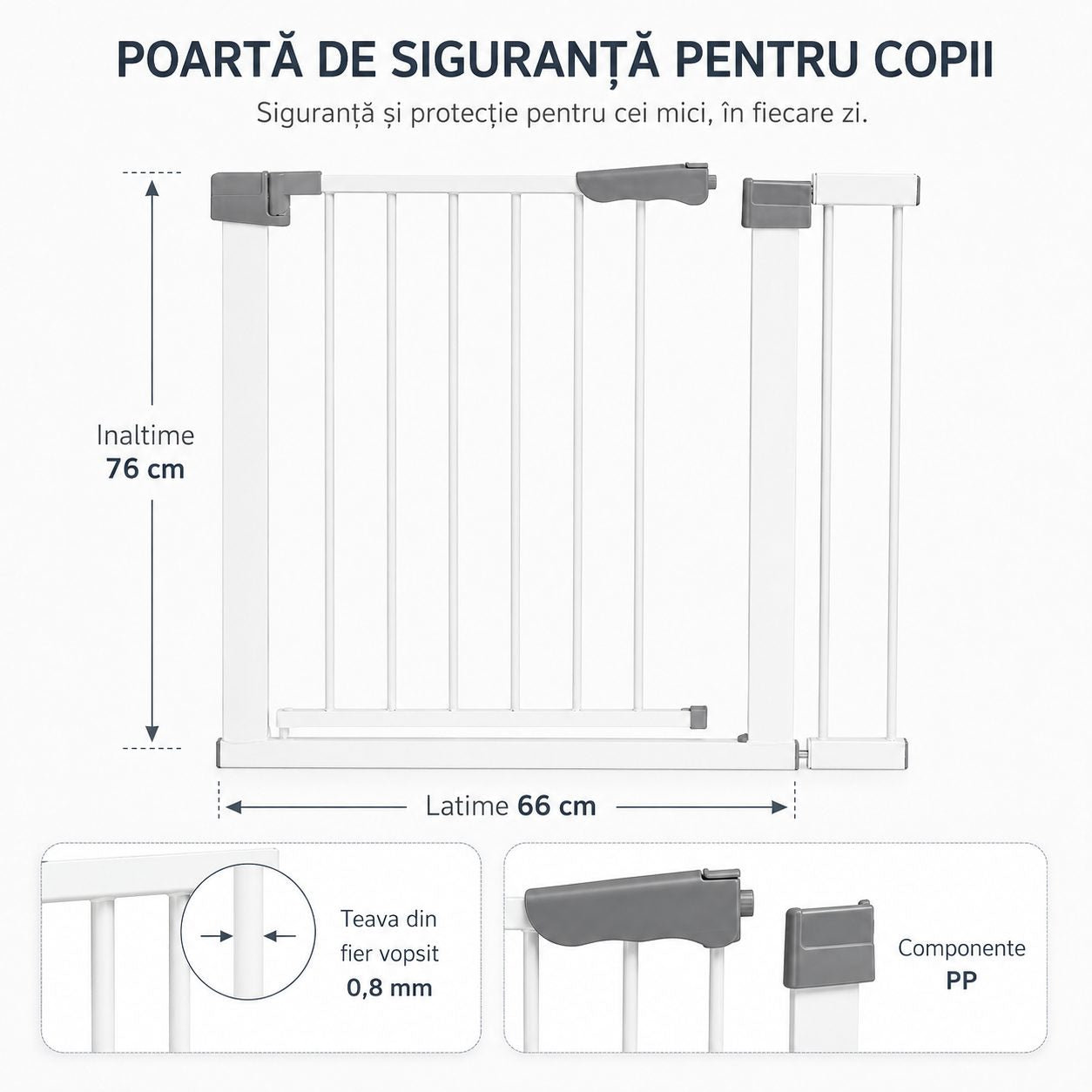 Gard de Siguranta cu Poarta pentru Copii, Latime 66 cm, Inaltime 76 cm, Teava din Fier Vopsit, Elemente PP, Alb