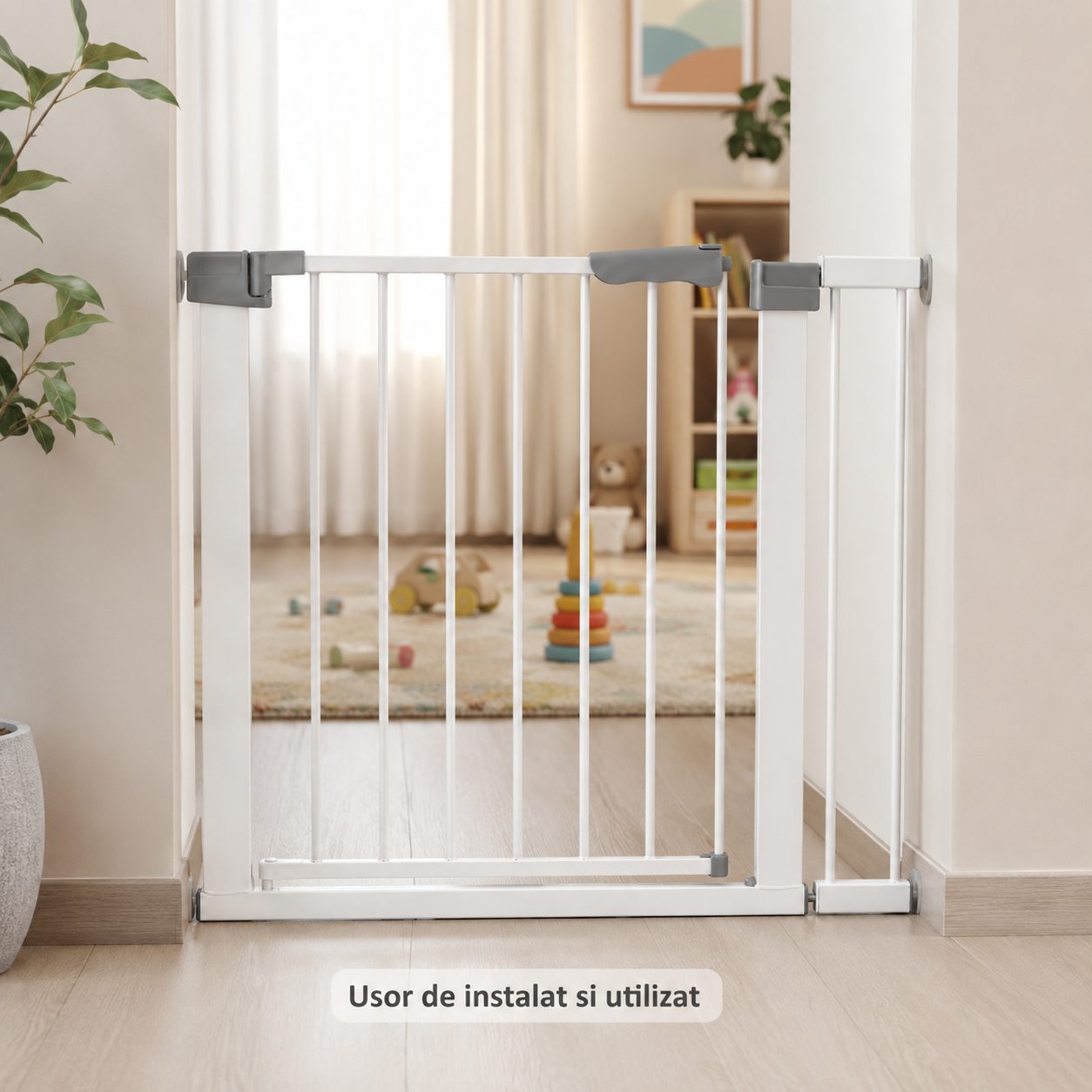 Gard de Siguranta cu Poarta pentru Copii, Latime 66 cm, Inaltime 76 cm, Teava din Fier Vopsit, Elemente PP, Alb