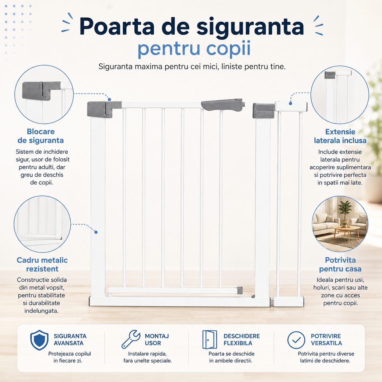 Gard de Siguranta cu Poarta pentru Copii, Latime 66 cm, Inaltime 76 cm, Teava din Fier Vopsit, Elemente PP, Alb