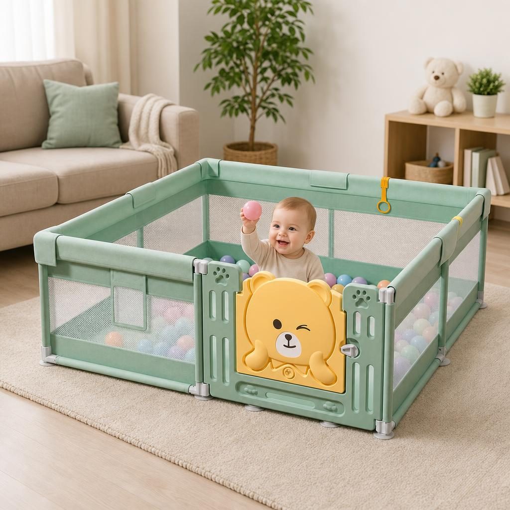 Tarc de Joaca pentru Bebelusi cu Poarta de Siguranta, DNT-147, 200 x 180 x 65 cm, pana la 3 ani, Spatiu de Joaca pentru Interior/Exterior, Portabil pentru Curte, Plasa Respirabila, ABS Poiester, Verde