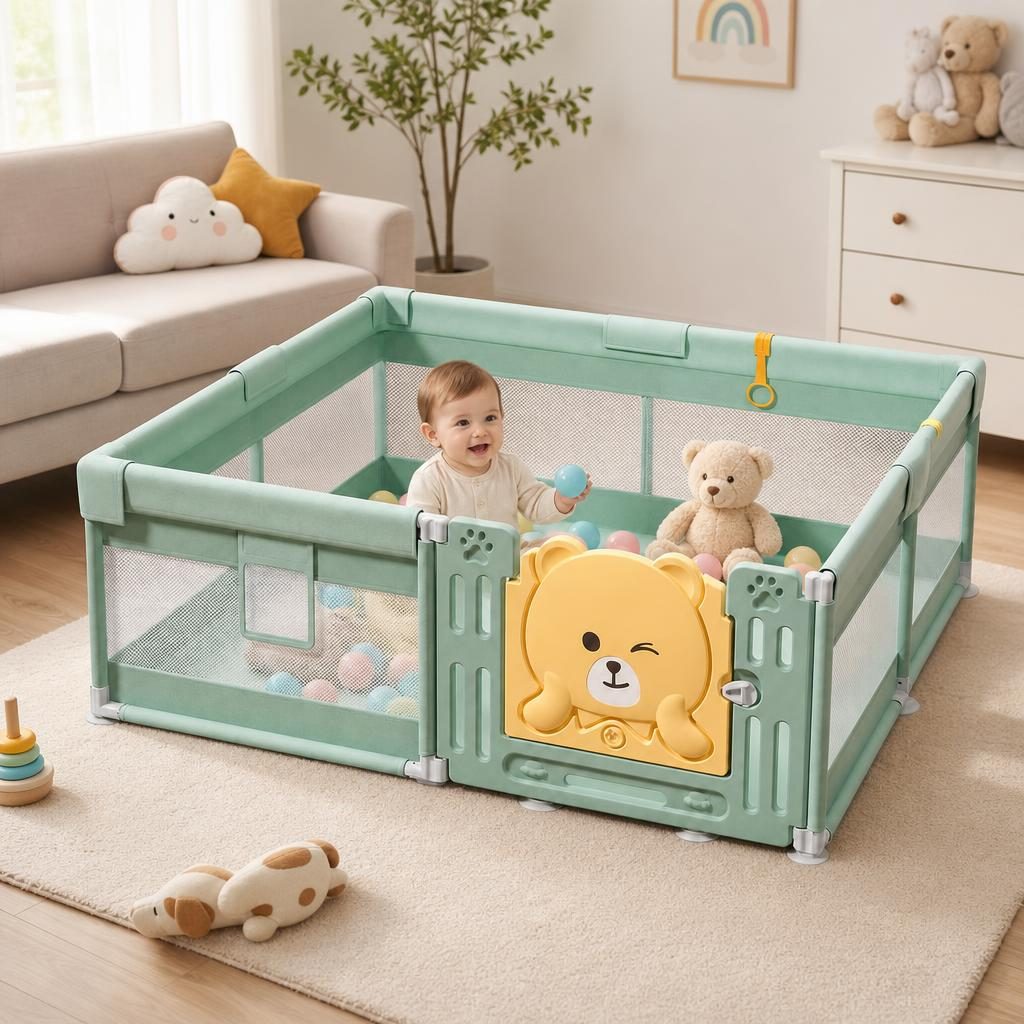 Tarc de Joaca pentru Bebelusi cu Poarta de Siguranta, DNT-147, 200 x 180 x 65 cm, pana la 3 ani, Spatiu de Joaca pentru Interior/Exterior, Portabil pentru Curte, Plasa Respirabila, ABS Poiester, Verde