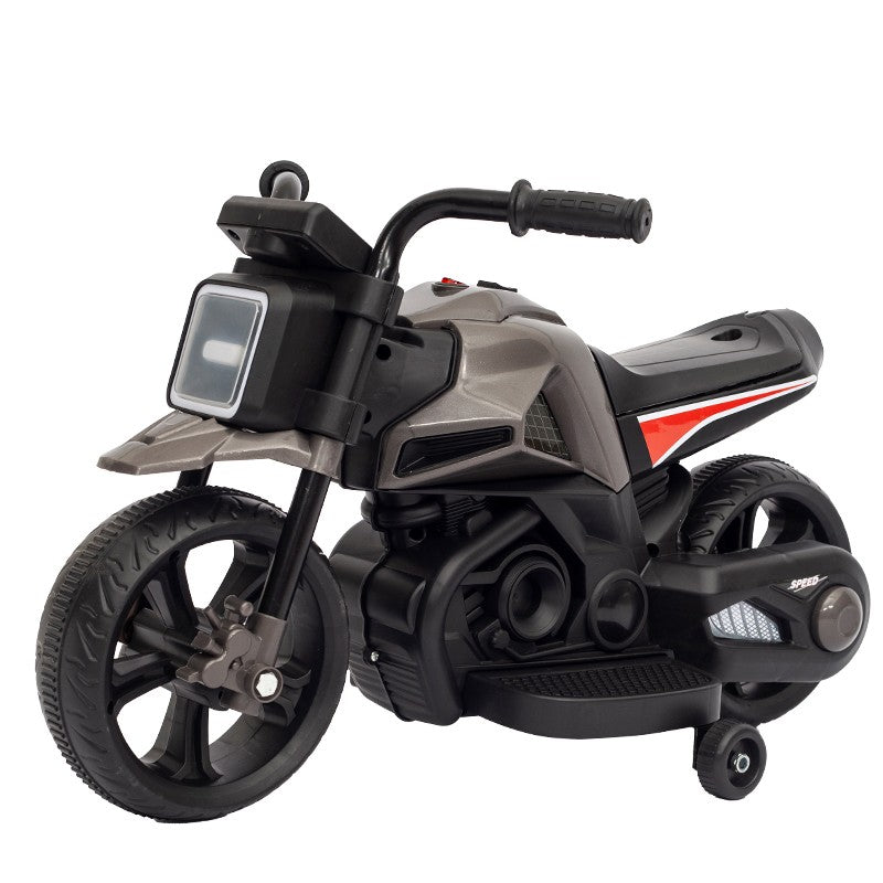Motocicleta Electrica cu 2 Roti Mari si 2 Roti Ajutatoare, Acumulator Incarcare, Anti-Rasturnare, Lumini, Muzica, Motor:380, Baterie 6V4.5, 41.5x70x34 cm, 4.5 Kg, 3 Ani+, Gri Negru