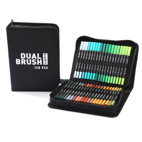 Set Carioci pe Baza de Apa, Flippy, 2 in 1, pentru Pictura, Caligrafie, 120 Culori, Penar Negru, Corp Carioca Negru, 27.5 x 19.5 x 8 cm, Multicolor