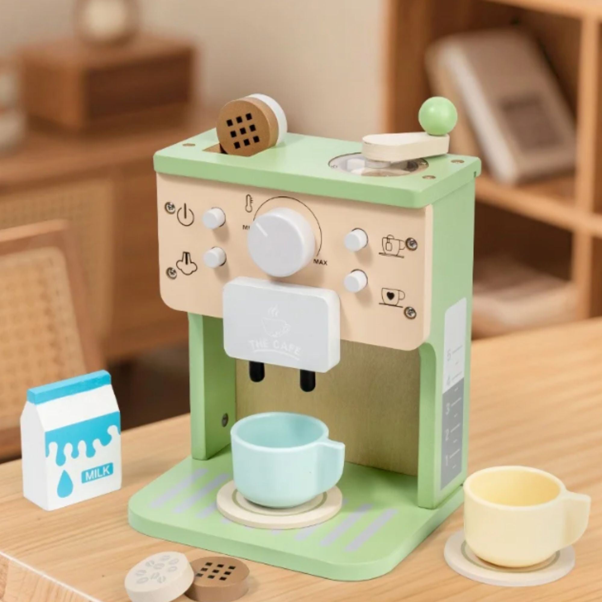 Aparat de Cafea pentru Copii, Espressor de Cafea pentru Copii, Jucarie din Lemn, Set Barista din 10 Piese, 15 x 12.2 x 21.5 cm, Verde/Bej