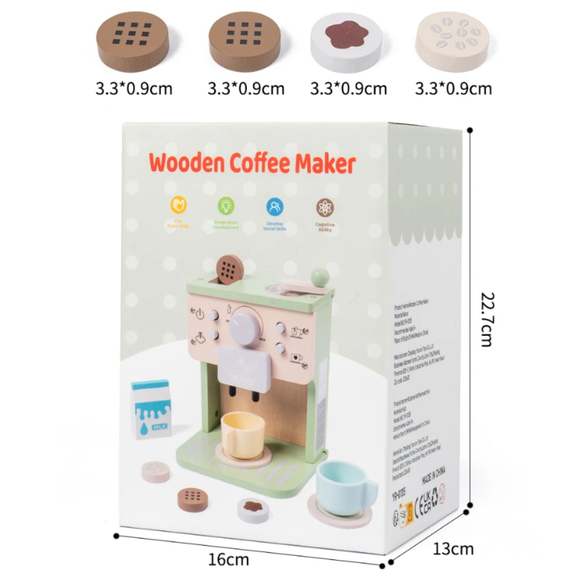 Aparat de Cafea pentru Copii, Espressor de Cafea pentru Copii, Jucarie din Lemn, Set Barista din 10 Piese, 15 x 12.2 x 21.5 cm, Verde/Bej
