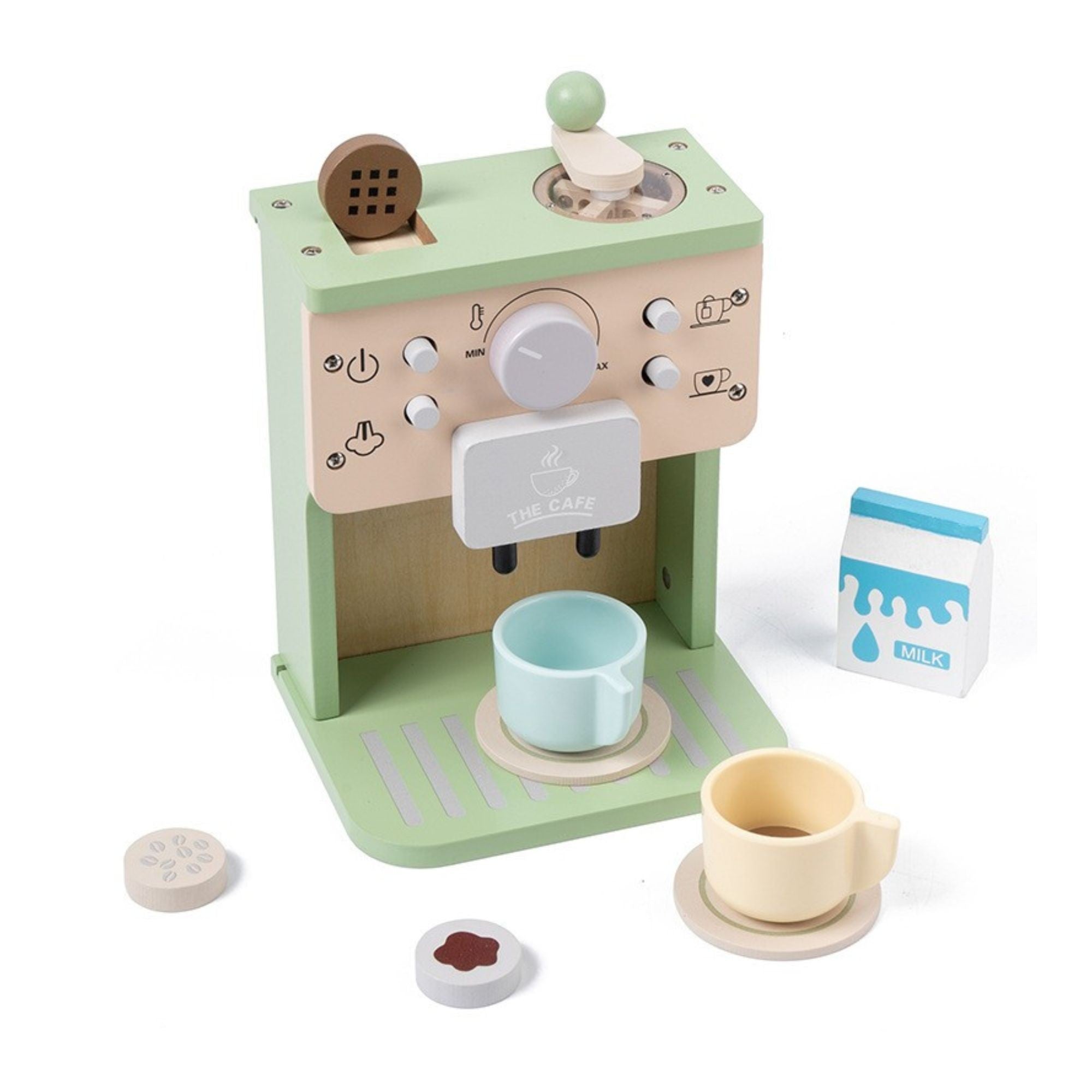 Aparat de Cafea pentru Copii, Espressor de Cafea pentru Copii, Jucarie din Lemn, Set Barista din 10 Piese, 15 x 12.2 x 21.5 cm, Verde/Bej