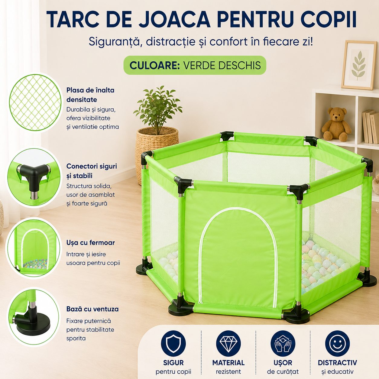 Tarc de Joaca si Siguranta pentru Copii DNT-104, Dimensiuni 130 x 115 x 65 cm, Structura de Protectie pentru Interior, Verde deschis