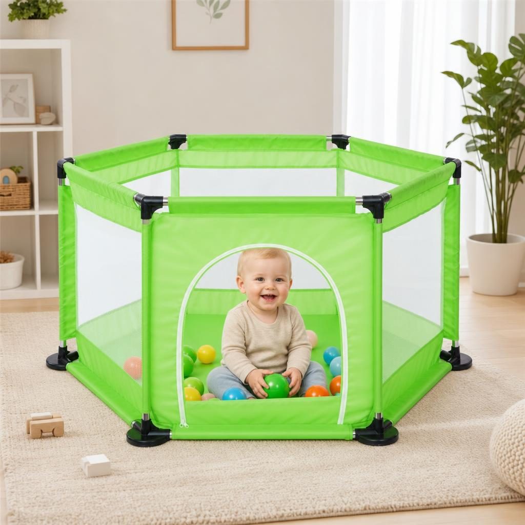 Tarc de Joaca si Siguranta pentru Copii DNT-104, Dimensiuni 130 x 115 x 65 cm, Structura de Protectie pentru Interior, Verde deschis