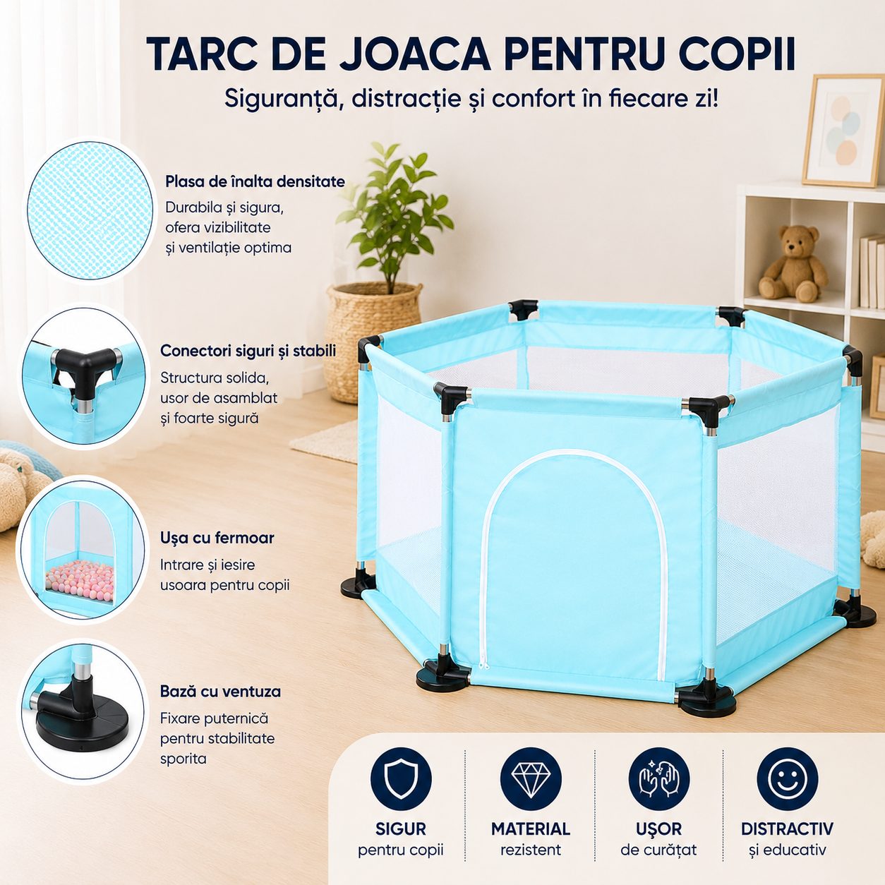 Tarc de Joaca si Siguranta pentru Copii DNT-104, Dimensiuni 130 x 115 x 65 cm, Structura de Protectie pentru Interior, Albastru deschis