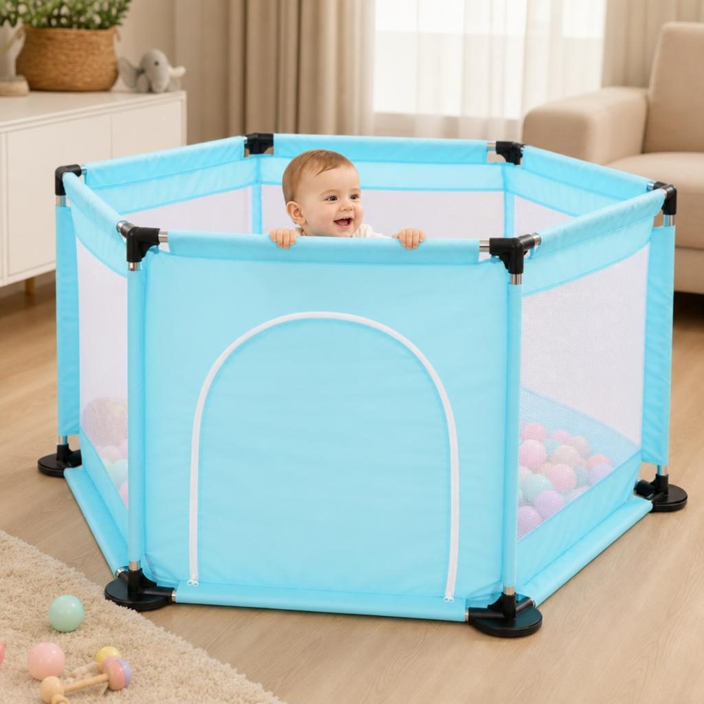Tarc de Joaca si Siguranta pentru Copii DNT-104, Dimensiuni 130 x 115 x 65 cm, Structura de Protectie pentru Interior, Albastru deschis