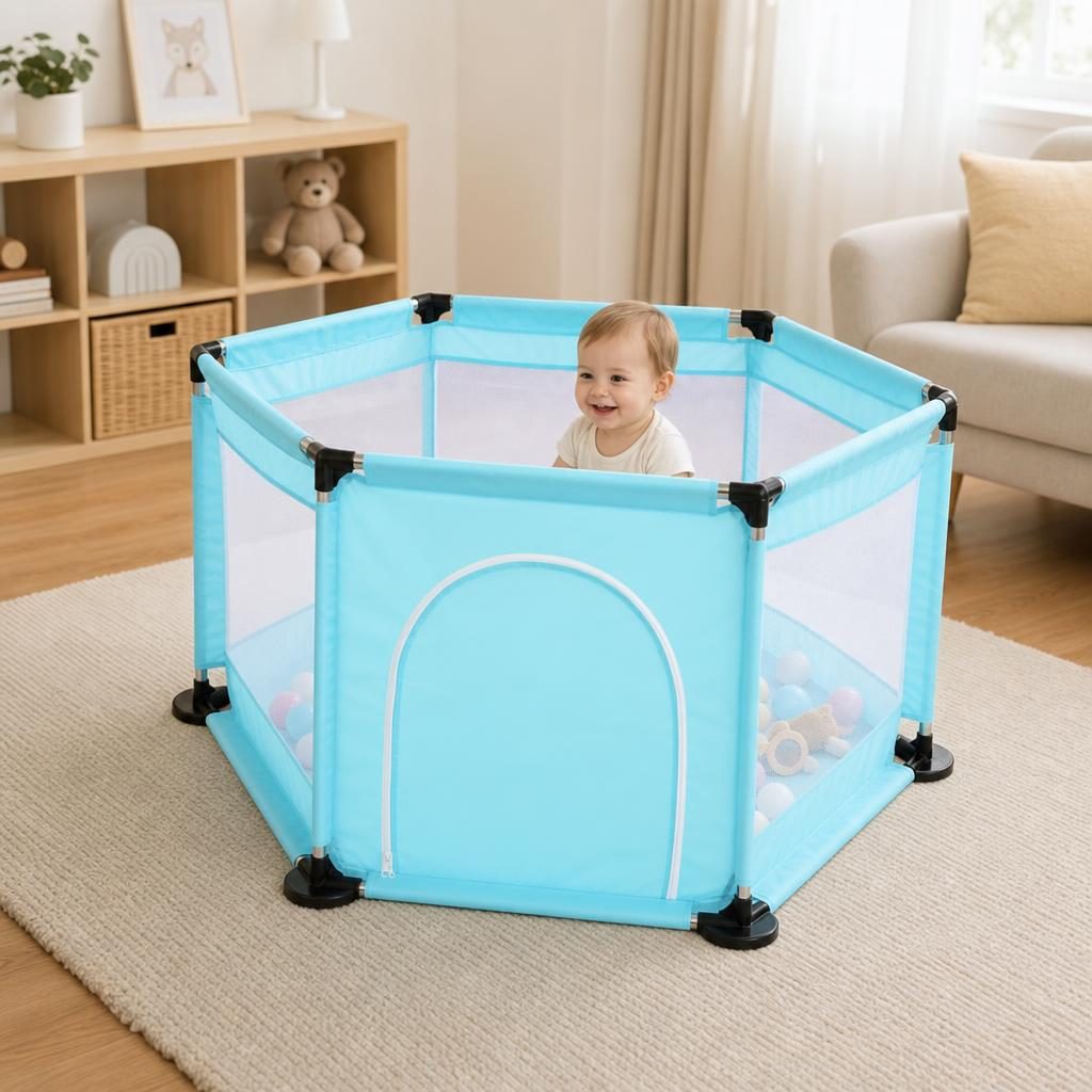 Tarc de Joaca si Siguranta pentru Copii DNT-104, Dimensiuni 130 x 115 x 65 cm, Structura de Protectie pentru Interior, Albastru deschis