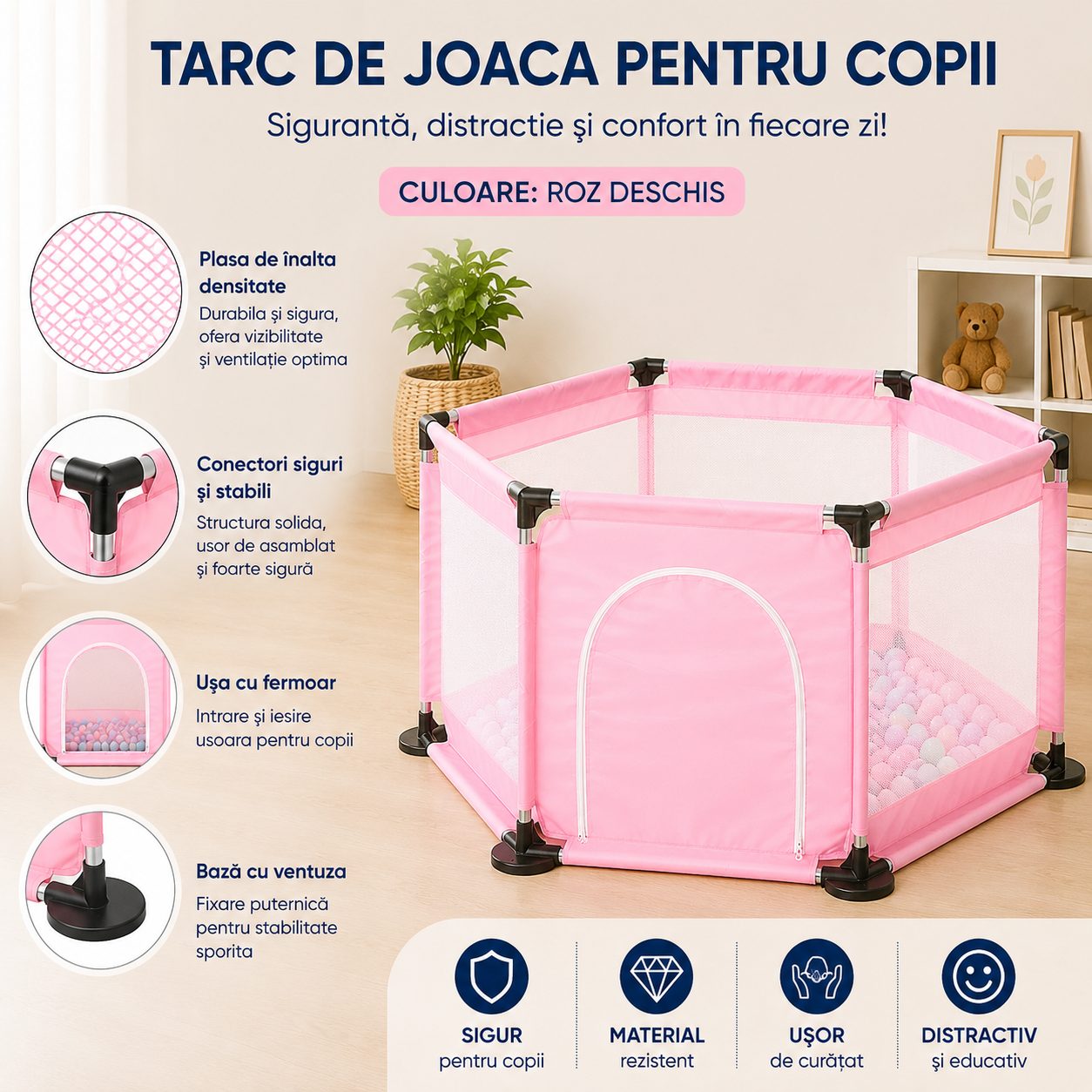 Tarc de Joaca si Siguranta pentru Copii DNT-104, Dimensiuni 130 x 115 x 65 cm, Structura de Protectie pentru Interior, Roz deschis