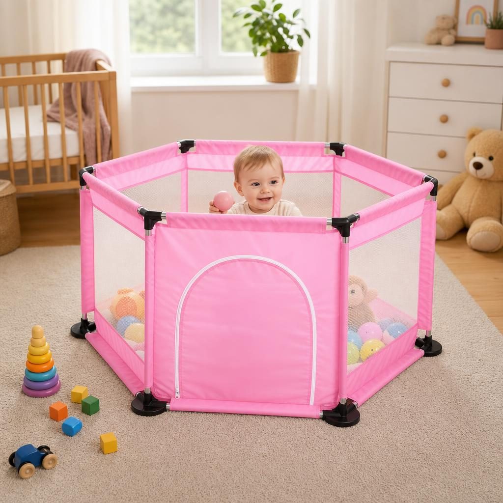 Tarc de Joaca si Siguranta pentru Copii DNT-104, Dimensiuni 130 x 115 x 65 cm, Structura de Protectie pentru Interior, Roz deschis