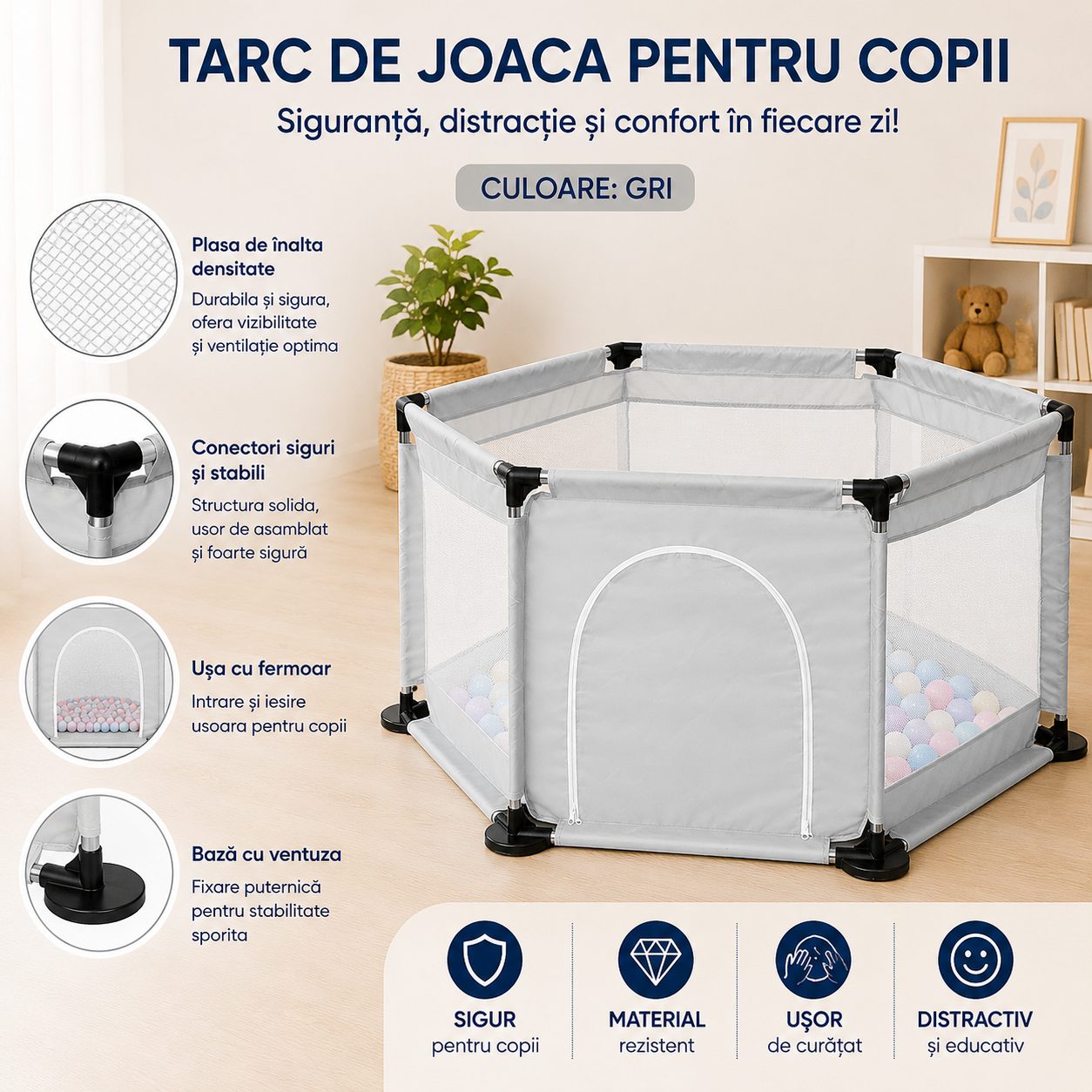 Tarc de Joaca si Siguranta pentru Copii DNT-104, Dimensiuni 130 x 115 x 65 cm, Structura de Protectie pentru Interior, Gri
