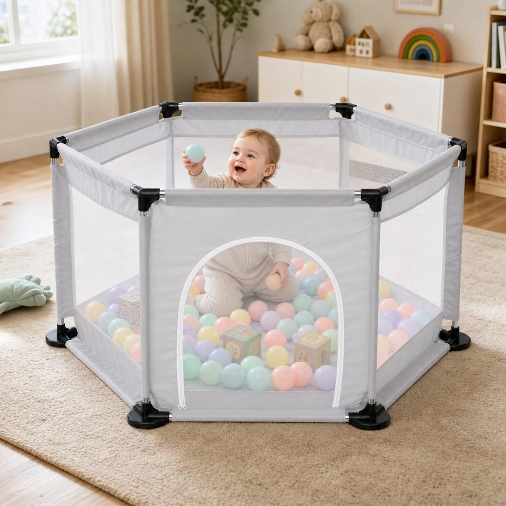Tarc de Joaca si Siguranta pentru Copii DNT-104, Dimensiuni 130 x 115 x 65 cm, Structura de Protectie pentru Interior, Gri