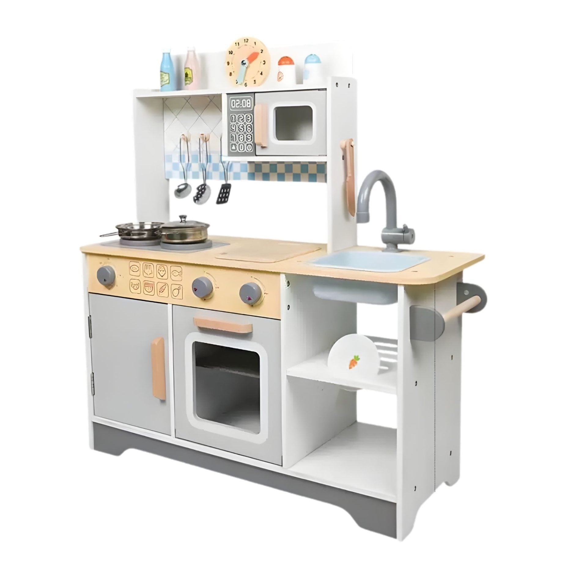 Bucatarie Multifunctionala pentru Copii, Stil Montessori, Set Complet din Lemn, Include Plita, Cuptor, Chiuveta, Spatiu de Depozitare, 76.6 x 69 cm, Gri/Multicolora