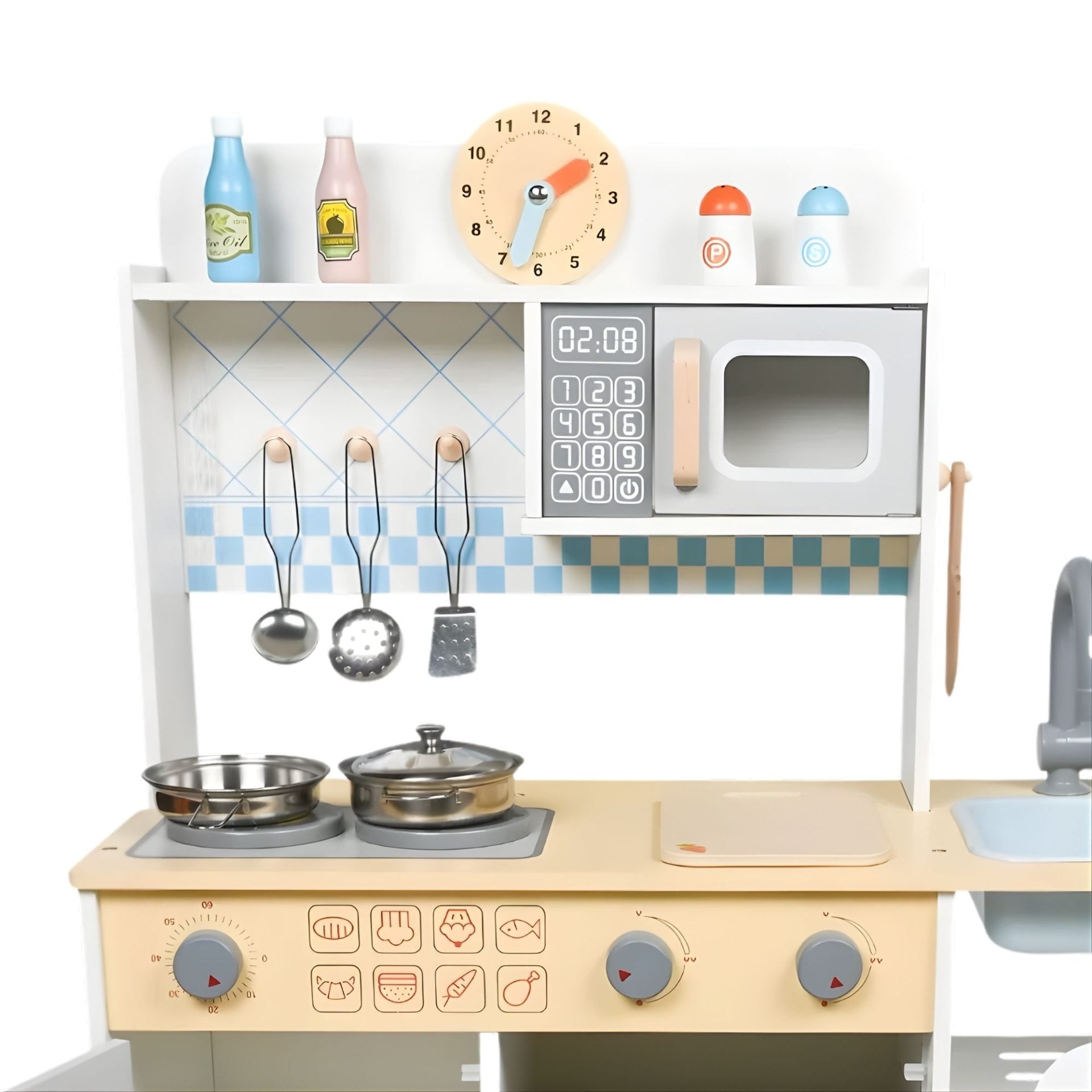 Bucatarie Multifunctionala pentru Copii, Stil Montessori, Set Complet din Lemn, Include Plita, Cuptor, Chiuveta, Spatiu de Depozitare, 76.6 x 69 cm, Gri/Multicolora