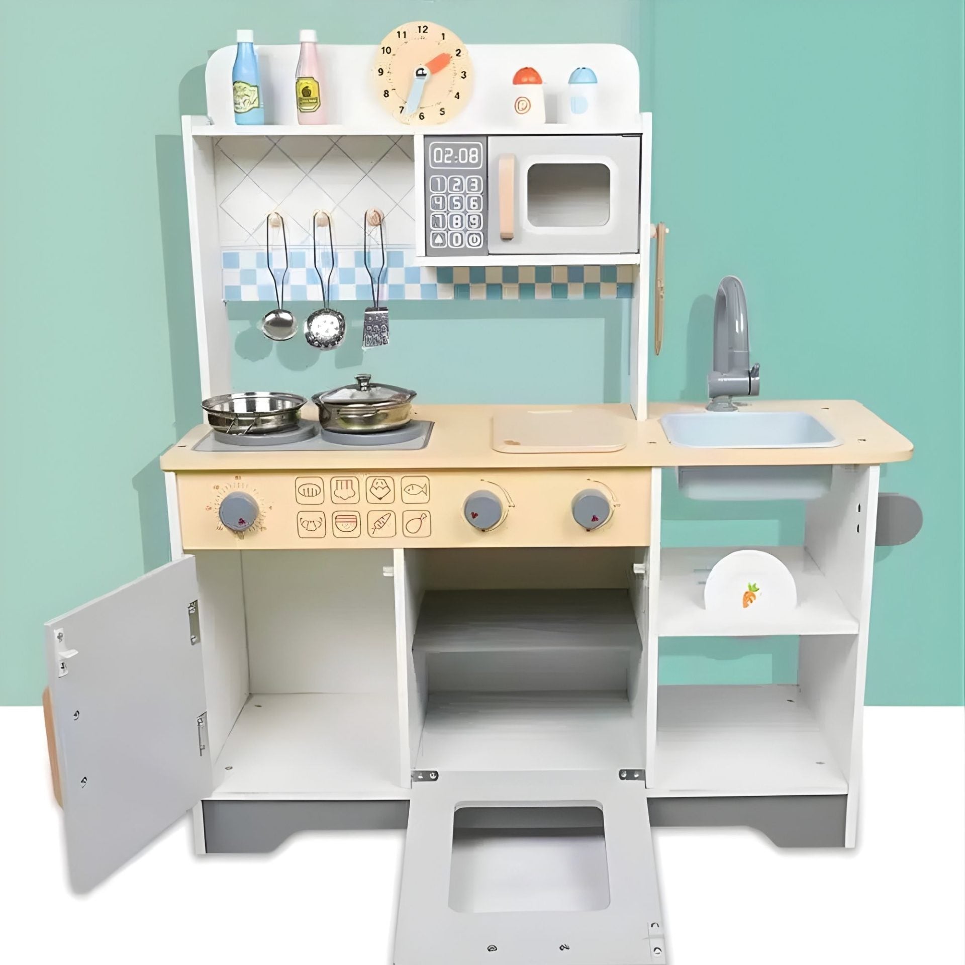 Bucatarie Multifunctionala pentru Copii, Stil Montessori, Set Complet din Lemn, Include Plita, Cuptor, Chiuveta, Spatiu de Depozitare, 76.6 x 69 cm, Gri/Multicolora
