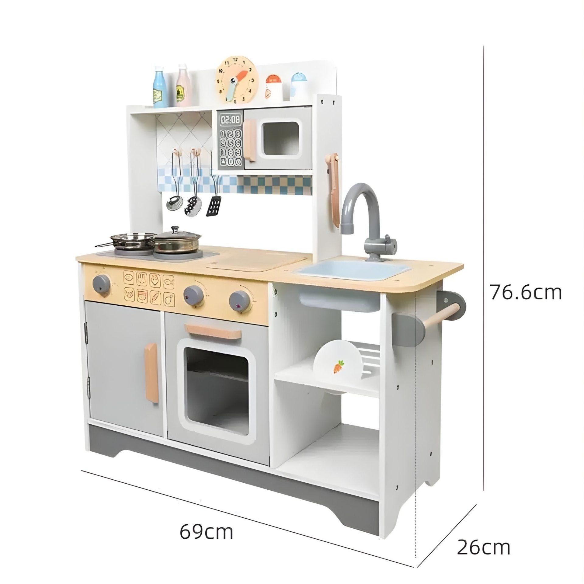 Bucatarie Multifunctionala pentru Copii, Stil Montessori, Set Complet din Lemn, Include Plita, Cuptor, Chiuveta, Spatiu de Depozitare, 76.6 x 69 cm, Gri/Multicolora