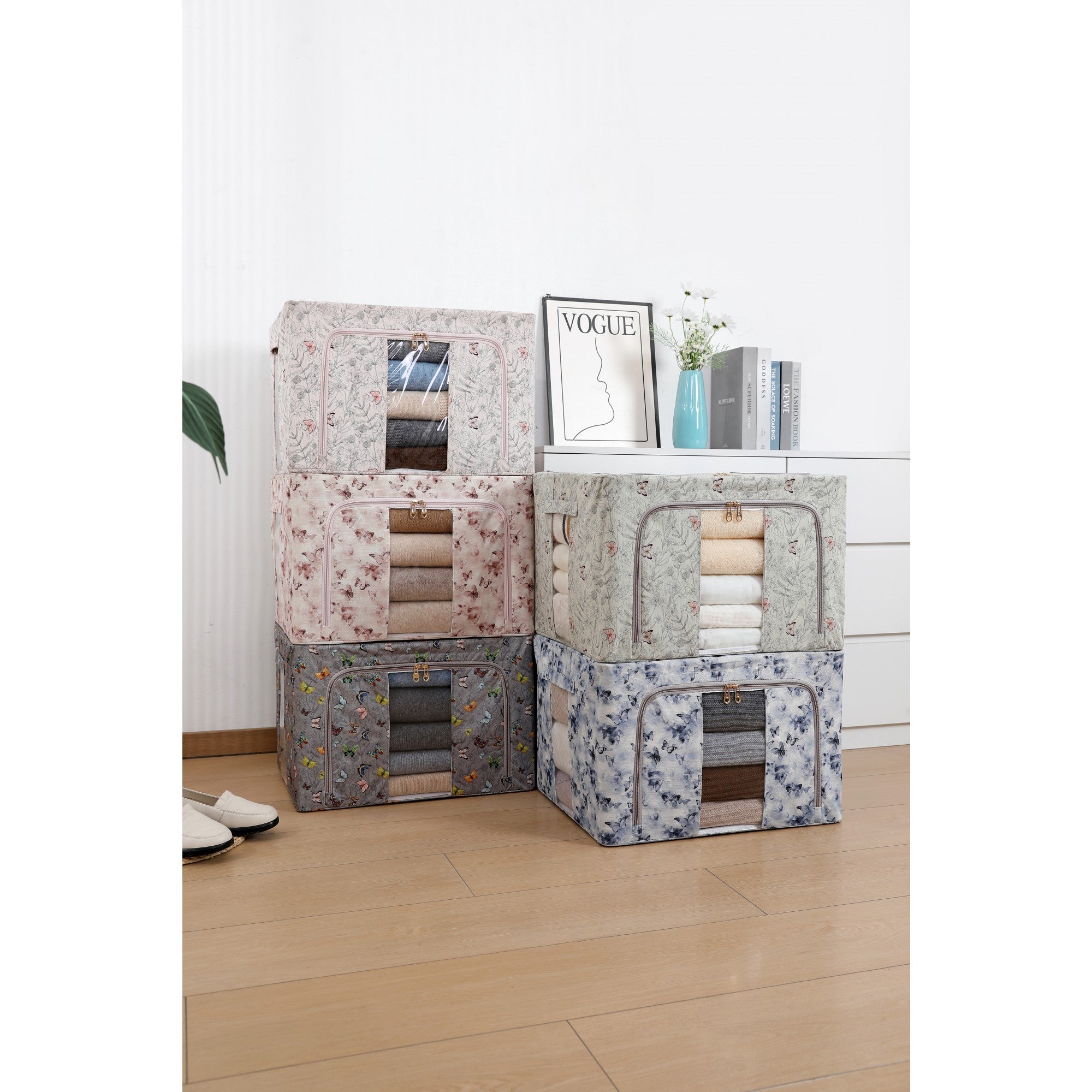 Cutie Depozitare, 66L, din Material Textil, 50 x 40 x 33 cm, pentru Haine si Lenjerii, Model Fluturasi, Gri Inchis