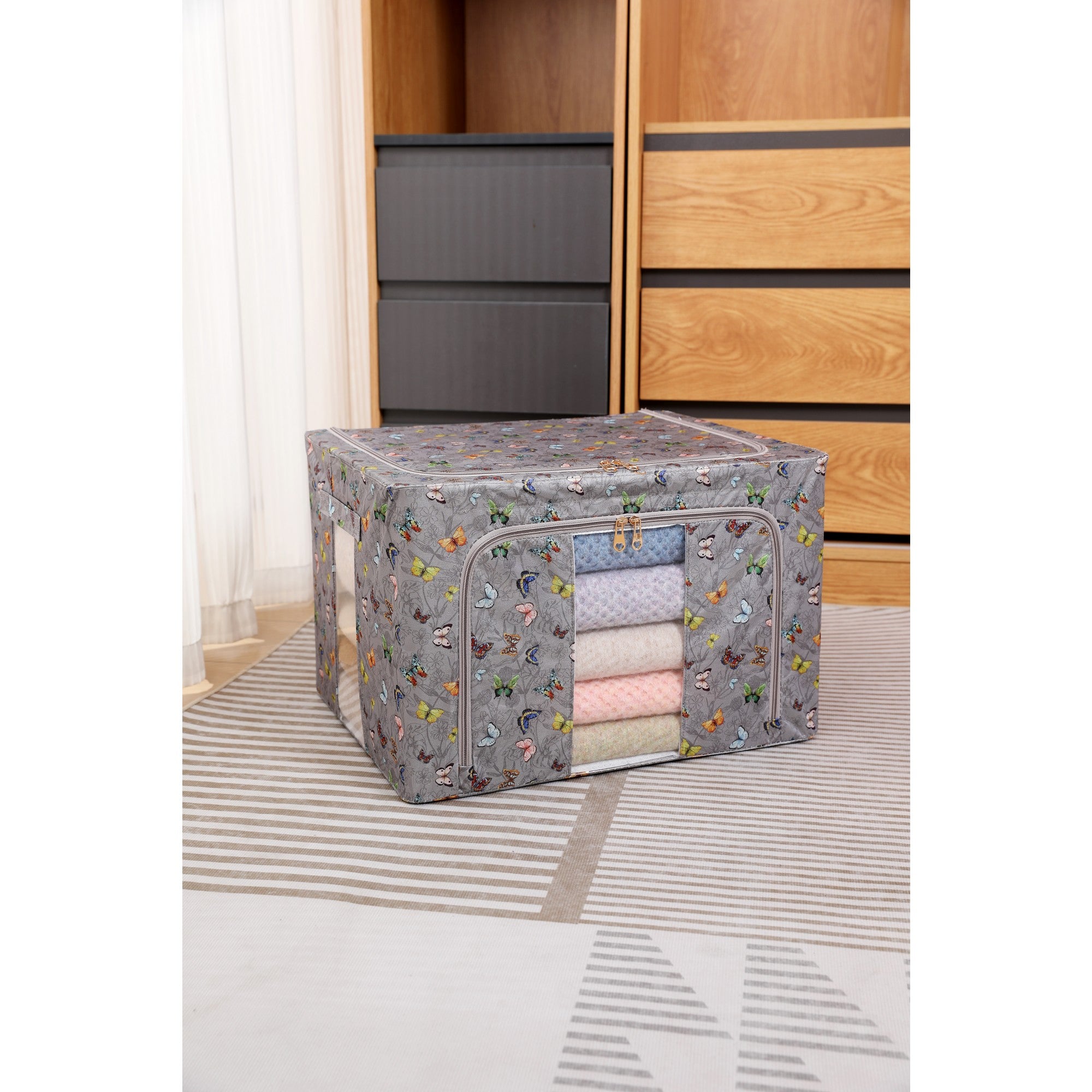 Cutie Depozitare, 66L, din Material Textil, 50 x 40 x 33 cm, pentru Haine si Lenjerii, Model Fluturasi, Gri Inchis