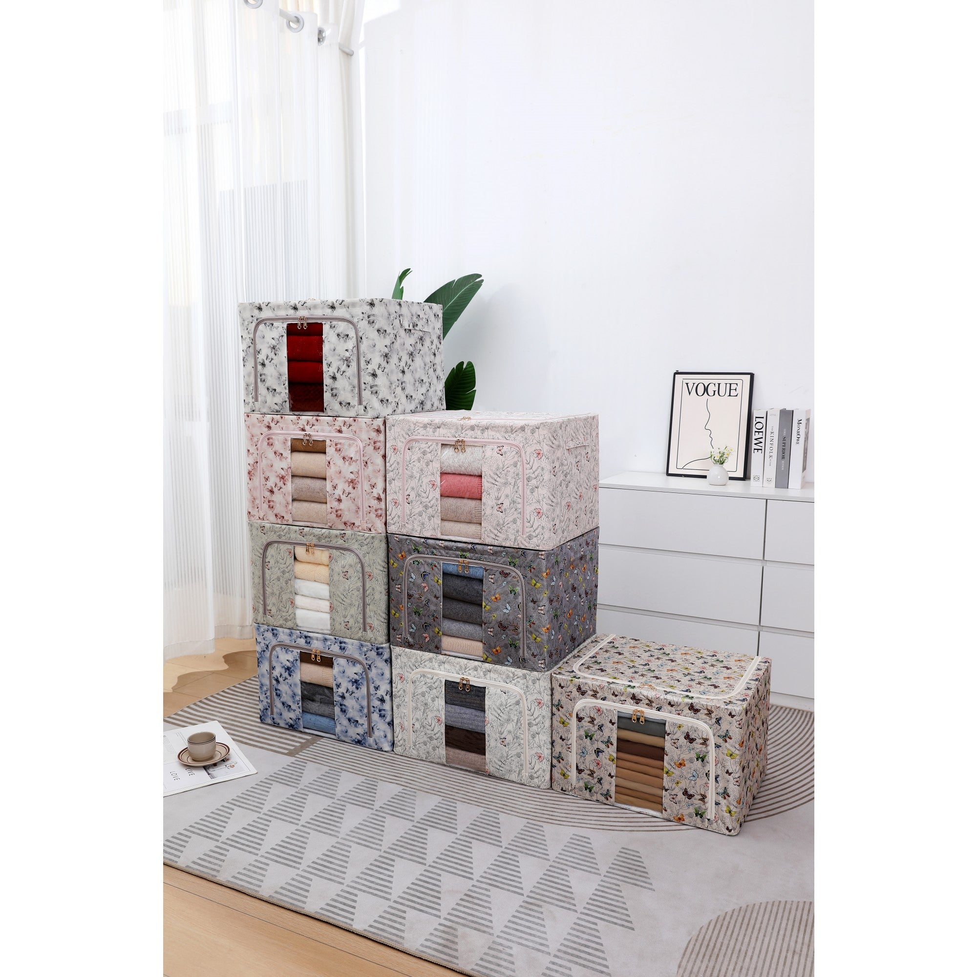 Cutie Depozitare, 66L, din Material Textil, 50 x 40 x 33 cm, pentru Haine si Lenjerii, Model Fluturasi, Roz