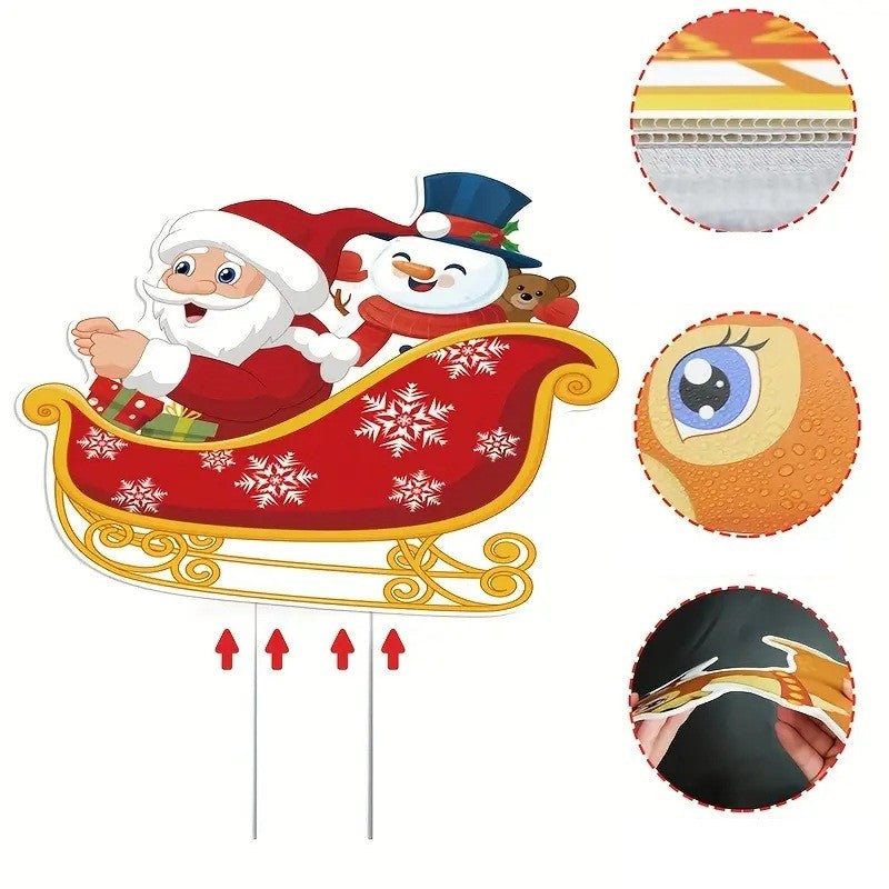 Decoratiune de Craciun, pentru Gradina, Tip Trenulet, 6 Figurine + Bete de Infipt in Pamant, din Plastic, Impermeabil, Model Mos Craciun cu Renii, Multicolor