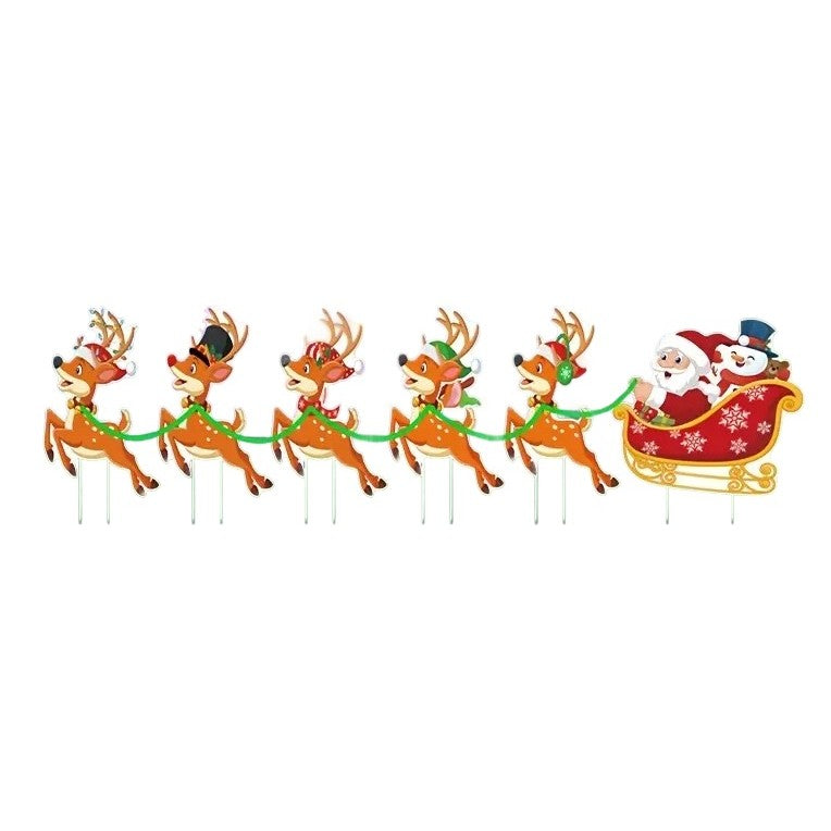 Decoratiune de Craciun, pentru Gradina, Tip Trenulet, 6 Figurine + Bete de Infipt in Pamant, din Plastic, Impermeabil, Model Mos Craciun cu Renii, Multicolor