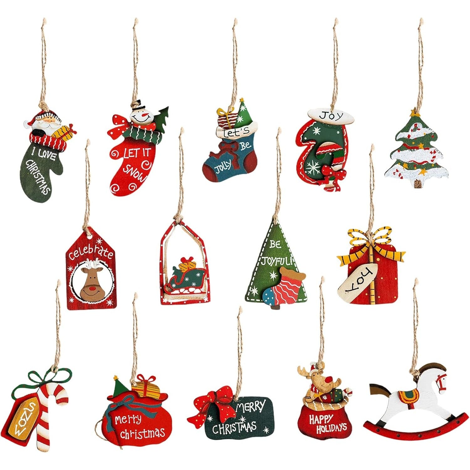 Set 14 Decoratiuni de Craciun, pentru Brad, 5 - 9.5 cm, din Lemn, Multicolor