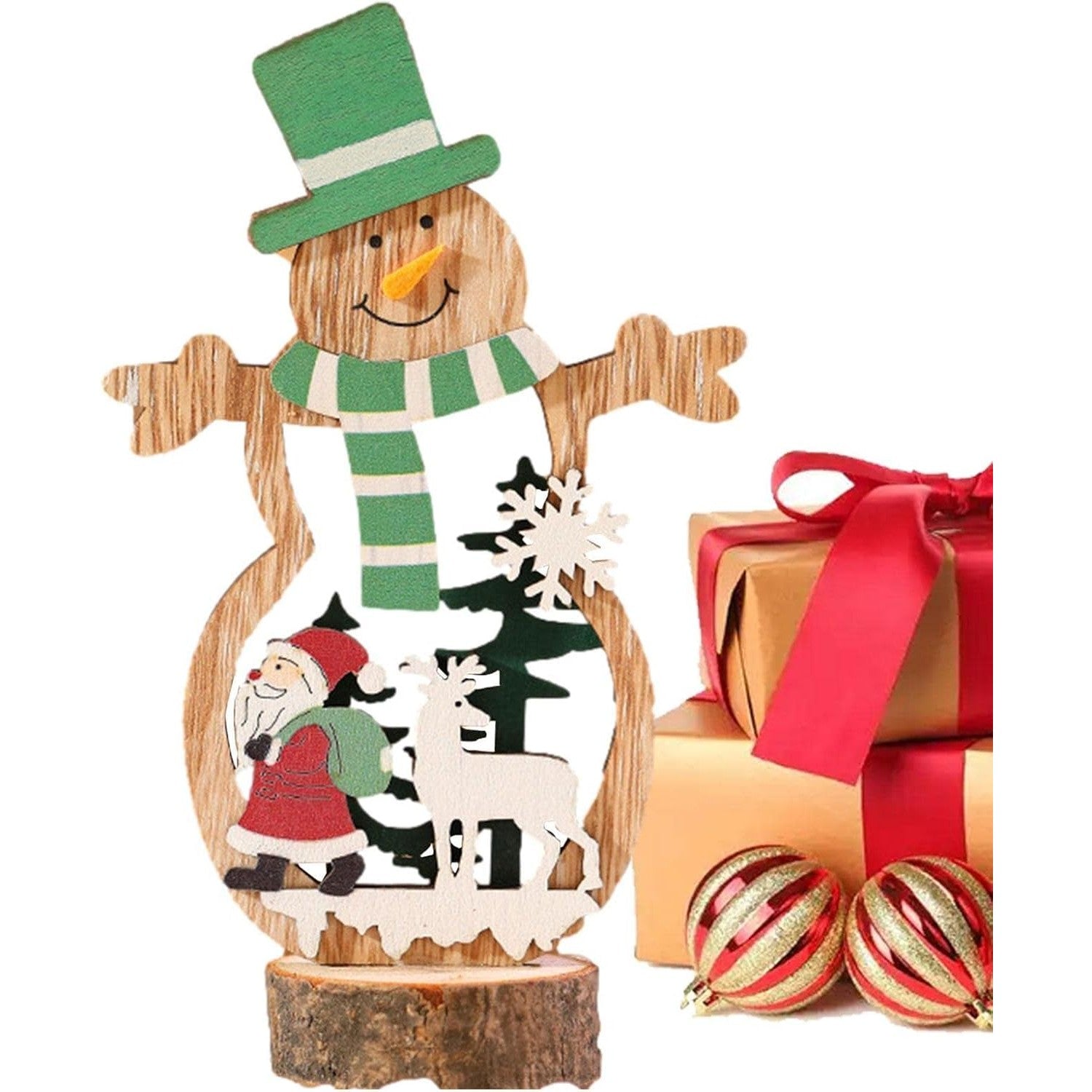Decoratiune de Craciun, din Lemn, 10.5 x 18 cm, Model Om de Zapada cu Caciula Verde, Multicolor