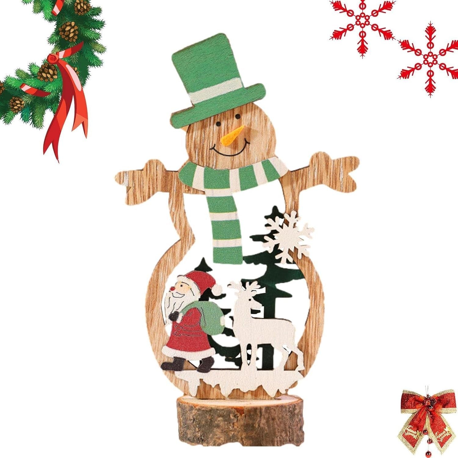 Decoratiune de Craciun, din Lemn, 10.5 x 18 cm, Model Om de Zapada cu Caciula Verde, Multicolor