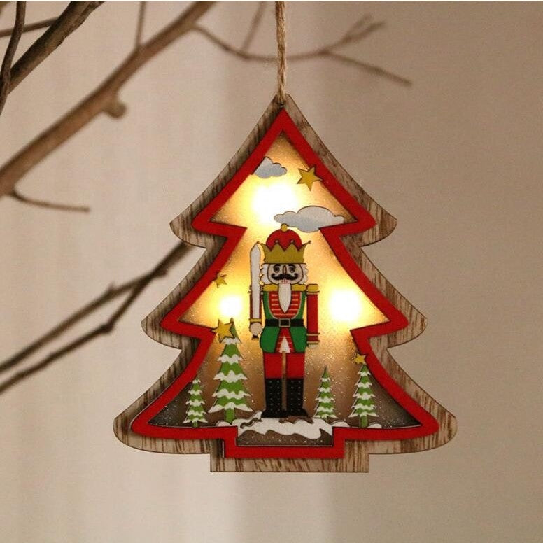 Ornament de Brad, cu Lumini LED, din Lemn, Figurina Spargatorul de Nuci, Model Brad, Multicolor