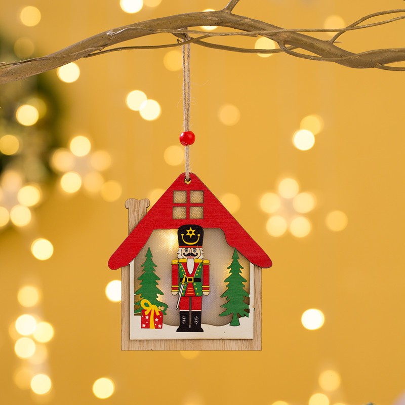 Ornament de Brad, cu Lumini LED, din Lemn, Figurina Spargatorul de Nuci, Model Casuta, Multicolor