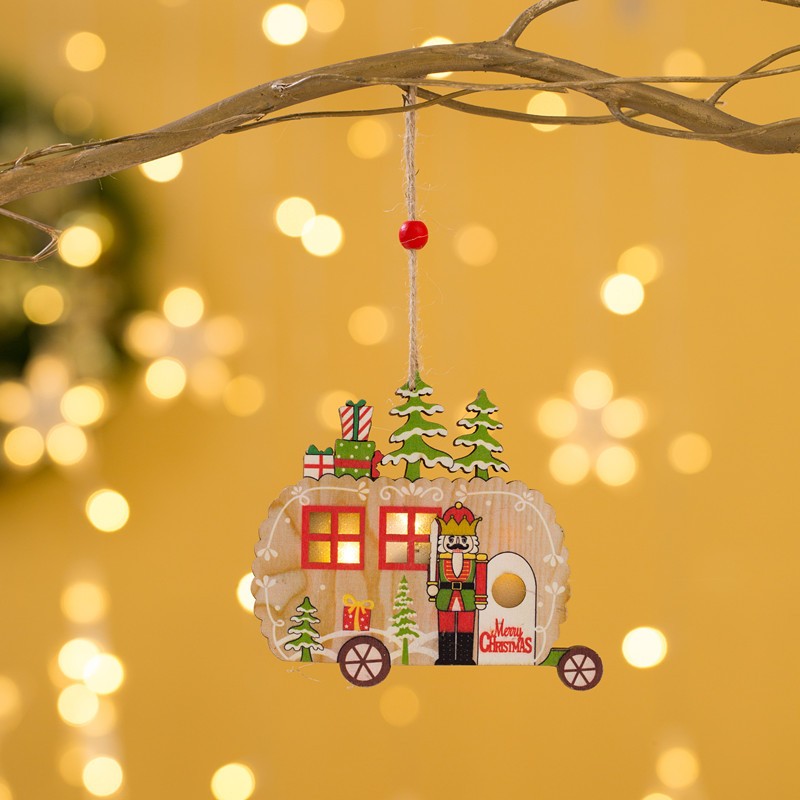 Ornament de Brad, cu Lumini LED, din Lemn, Figurina Spargatorul de Nuci, Model Masina, Multicolor