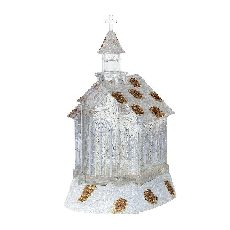 Decoratiune de Craciun, Flippy, Model Bisericuta Transparenta cu Sclipici, Iluminare LED si Efect Zapada, 22 x 13 x 11.5 cm, Alb Transparent