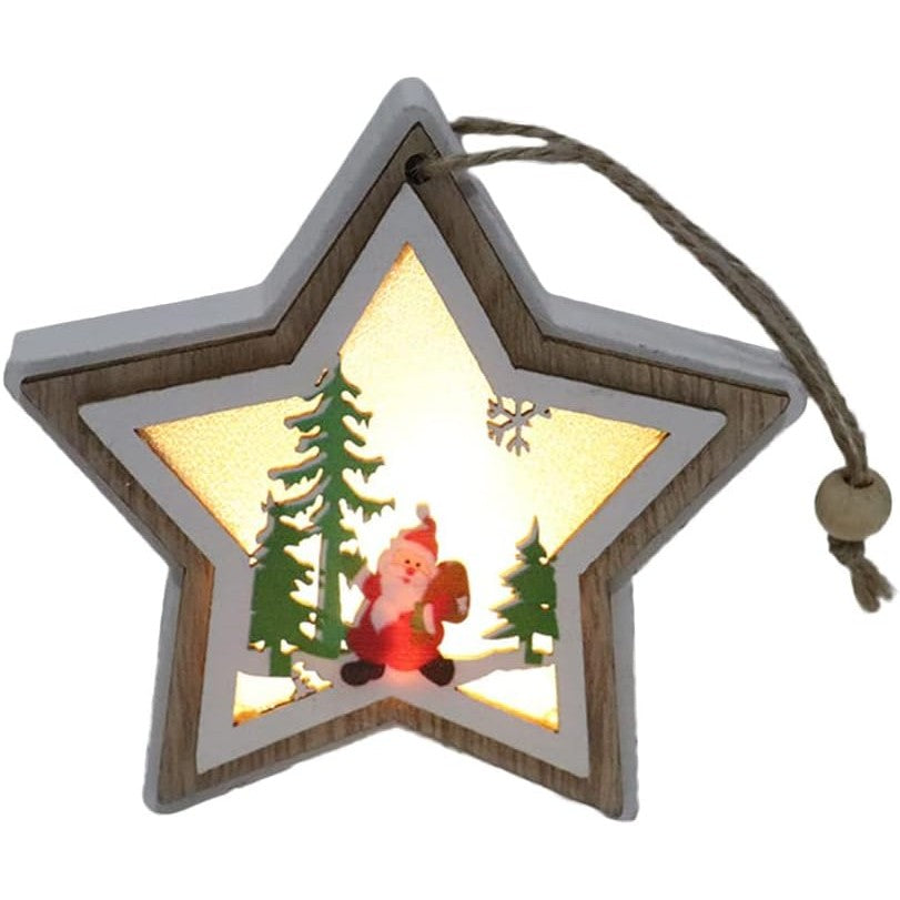 Ornament de Brad, cu Lumini LED, din Lemn, Model Stea, Multicolor