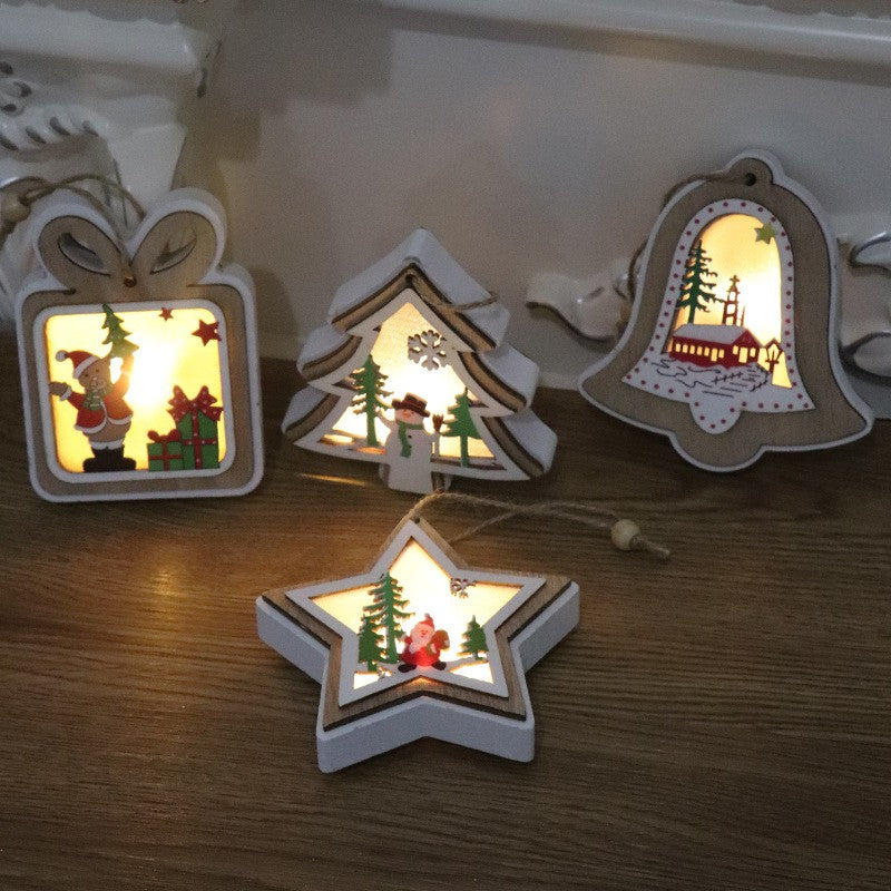 Ornament de Brad, cu Lumini LED, din Lemn, Model Stea, Multicolor