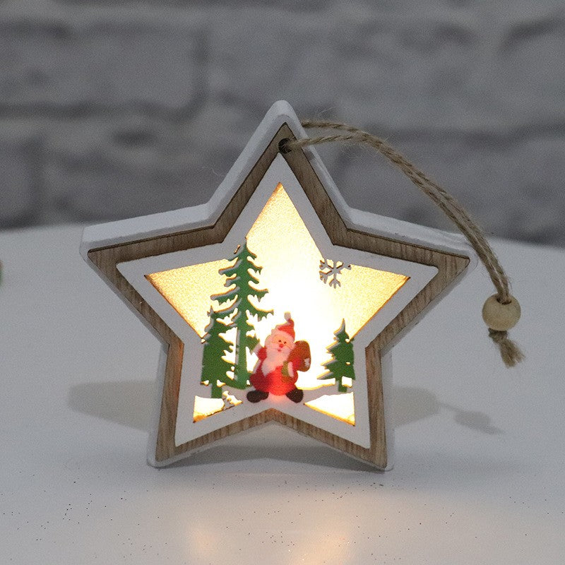 Ornament de Brad, cu Lumini LED, din Lemn, Model Stea, Multicolor