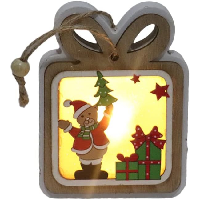 Ornament de Brad, cu Lumini LED, din Lemn, Model Cadou, Multicolor
