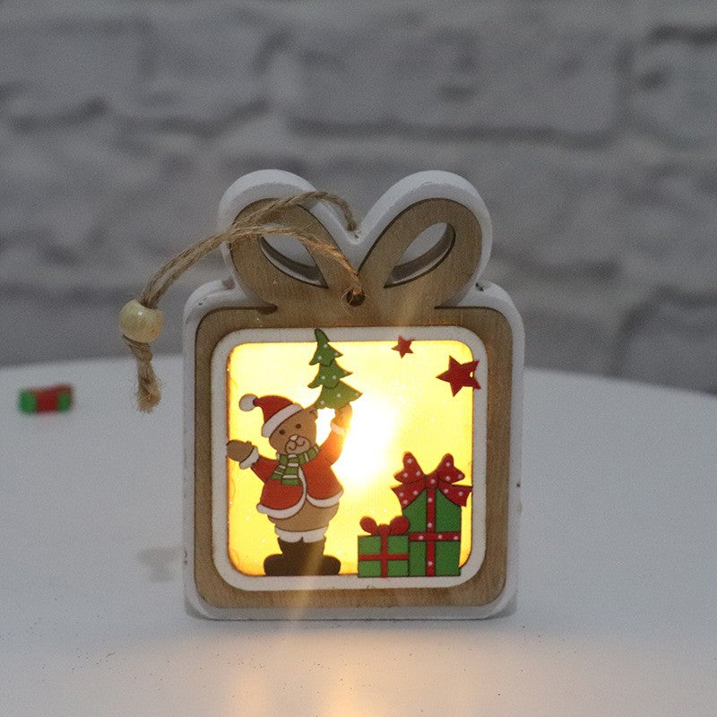Ornament de Brad, cu Lumini LED, din Lemn, Model Cadou, Multicolor