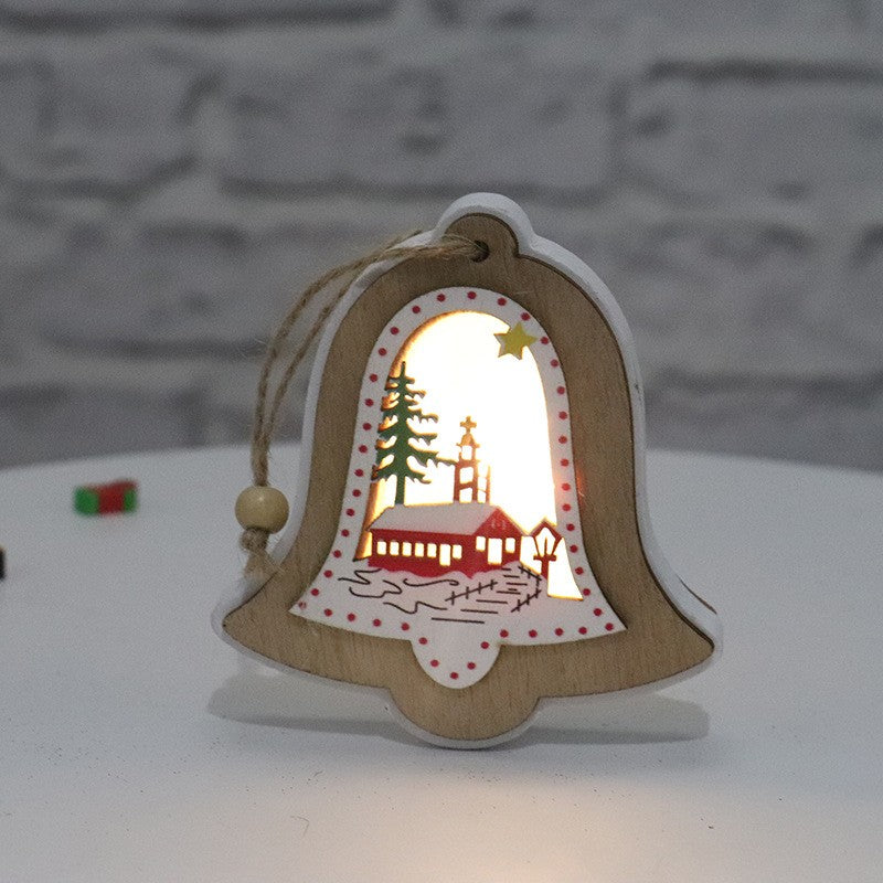 Ornament de Brad, cu Lumini LED, din Lemn, Model Clopot, Multicolor